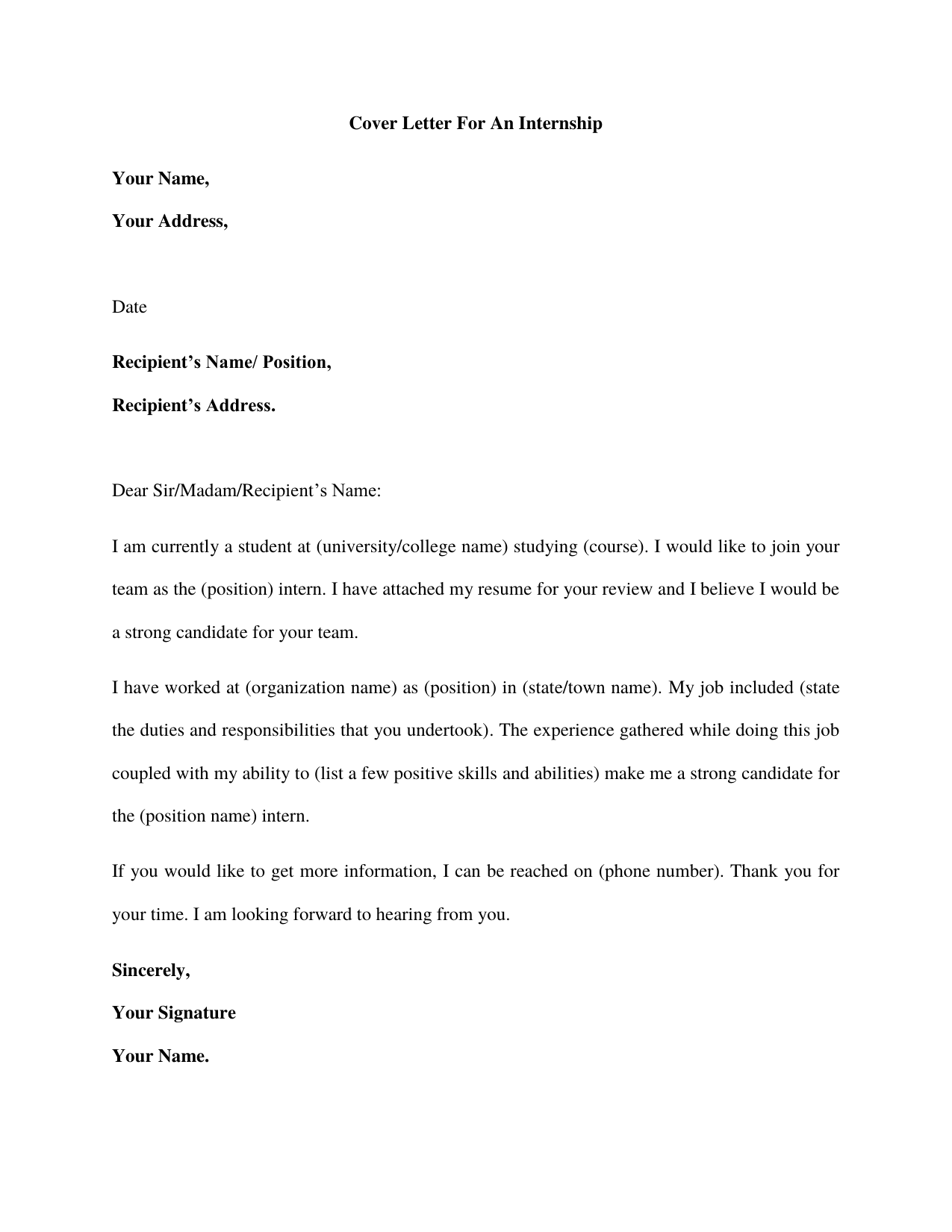Cover Letter For An Internship